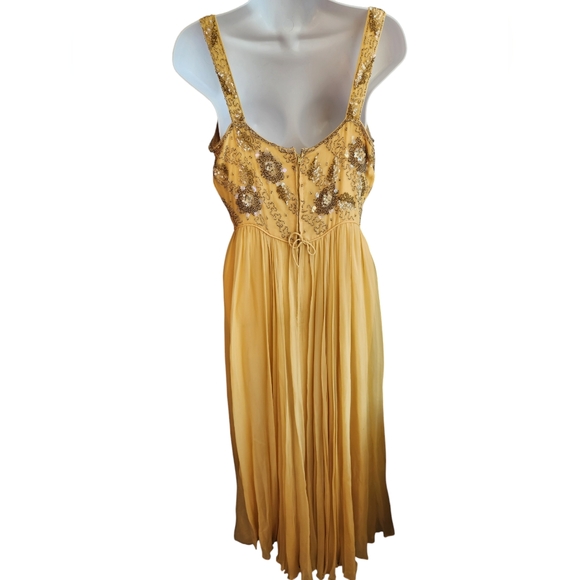 Malcom Starr Vintage 1960s Hand Beaded Yellow Silk Chiffon Dress Size? - Picture 3 of 16